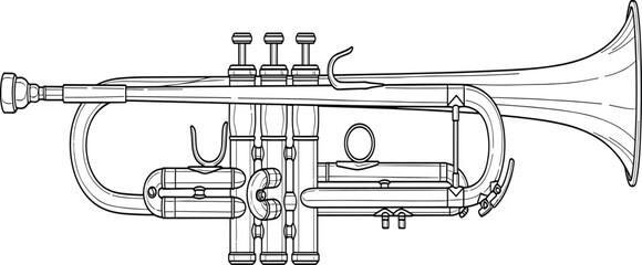 Line Art Illustration of a Classic Bb Trumpet Musical Instrument, Professional Brass Wind Equipment for Jazz, Orchestra, and Music Education. © Mdjoshel 