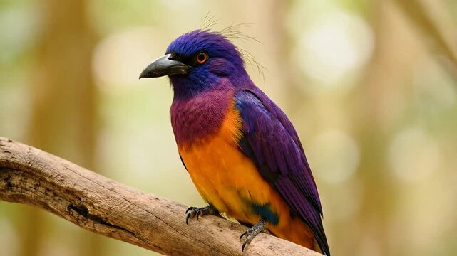 A vibrant Violet-backed Starling perched on a branch, showcasing its iridescent purple and orange plumage.