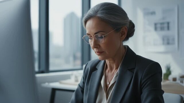 Experienced businesswoman senior woman gray hair eyeglasses office computer architect model wearing glasses blazer working desktop modern office with