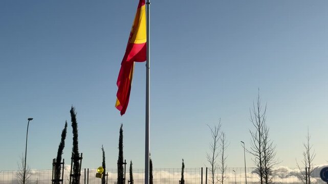 Spanish flag waving gently with cypress trees behind it. Zoom in