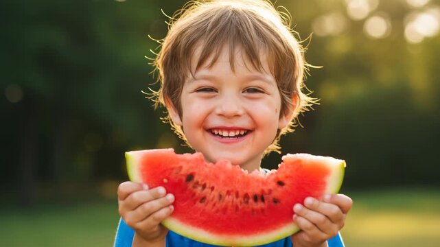 Happy child boy smile eating watermelon fruit outdoors summer picnic joyful bright sunlight slice natural light