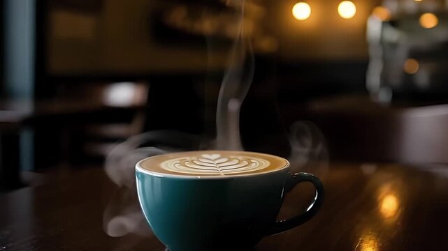 Steaming latte art in a dark teal mug on a wooden table, warm cafe background with bokeh lights