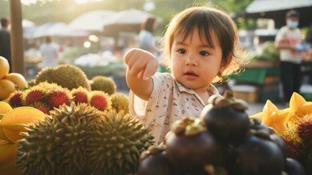 Curious toddler child pointing durian and rambutan tropical fruit market with mangosteen stalls, sunlight glowing outdoor scene of exploration