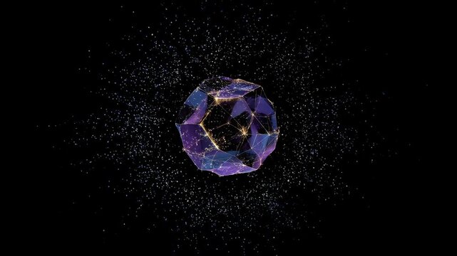 Futuristic glowing geometric polygon sphere floating dark space with particle trail network lines and cosmic motion burst illuminating purple gold
