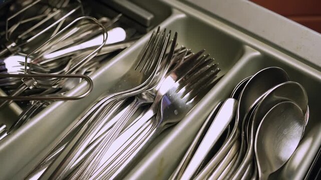 Close-up of organized stainless steel silverware in a cutlery tray&mdash;forks, knives and spoons neatly stacked in a drawer, clean kitchen storage and tableware organization.