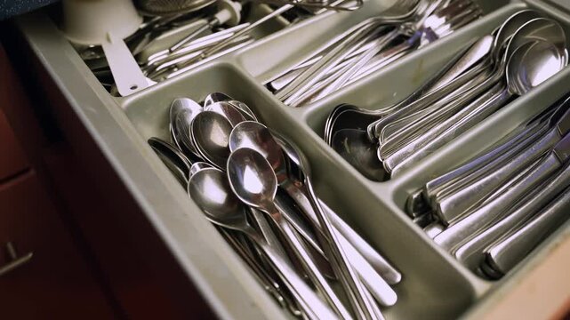 Angled close-up of an open drawer with stainless spoons, forks and knives arranged in a plastic organizer&mdash;home dining tableware neatly sorted for everyday use.