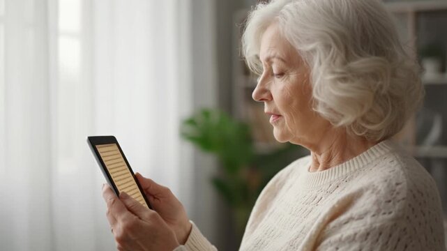 Elderly woman using smartphone home reading message, elderly woman reading mobile phone cozy living room, elderly woman using phone with focused