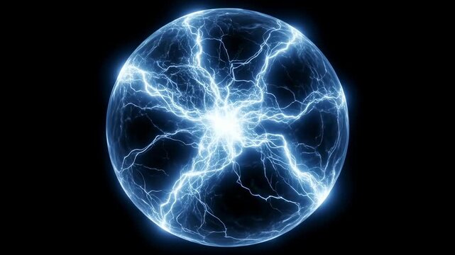 Electric lightning orb glowing blue plasma energy sphere with branching lightning veins and glowing electric currents, dramatic sci fi electric