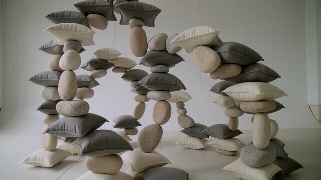Conceptual art installation featuring a stack of soft pillows and hard stones in a white room. Represents balance and contrast between materials. Ideal for design and art projects.