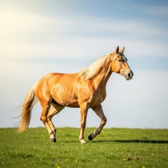 Majestic yellow horse trotting through a green pasture under a sunny sky, displaying power and elegance in nature, mammal, beautiful, equine