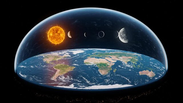 Flat Earth Animation Sun Moon and Stars Under Transparent Dome