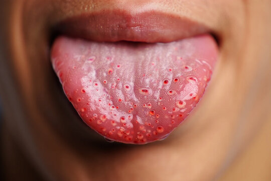 Close up of human tongue with red inflamed papillae and white coating mouth body
