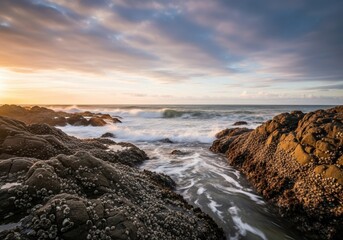 Obraz premium Tranquil coastal vista where gentle waves meet a rugged, rocky shoreline beneath a soft, cloudy sky at the golden hour, ripple, scenery, cloud