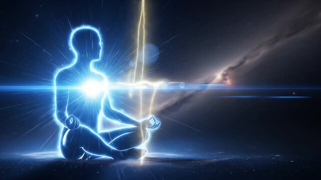 Meditating Human Silhouette with Glowing Energy and Heartbeat Pulse in a Cosmic Setting.