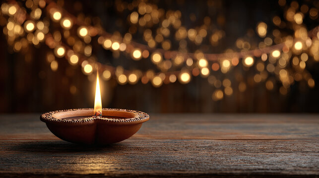 A glowing candle is sitting on wooden surface with background lights
