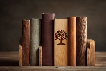 Row of hardcover books supported by wooden bookends, carved with a tree symbol.