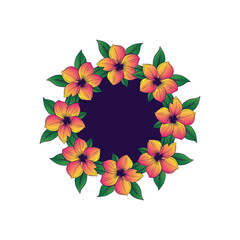 Symmetrical circular floral frame illustration flowers with green leaves
