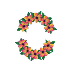 Symmetrical circular floral frame illustration flowers with green leaves
