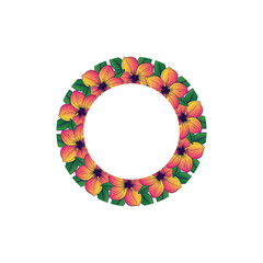 Symmetrical circular floral frame illustration flowers with green leaves
