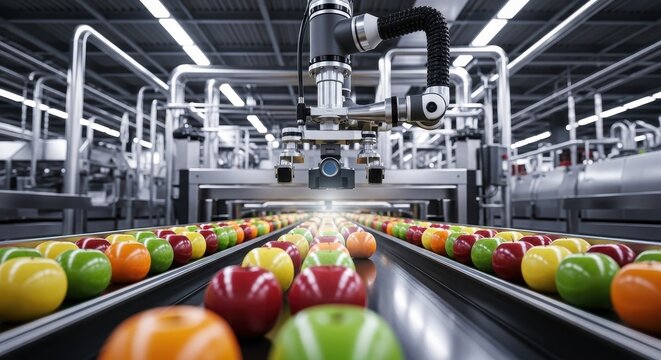 Automated Robotic Arm Inspecting Colorful Fruits on a Modern Food Processing Conveyor Belt