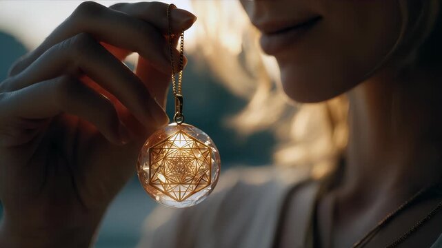 A young woman is outdoors in warm sunlight. She is holding a crystal pendant featuring sacred geometry. She explores ideas about esotericism and signs that hold deeper meanings in her life