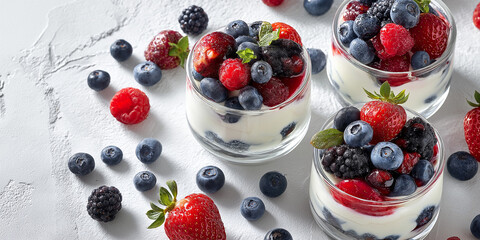 Berry yogurt parfait in glass jars