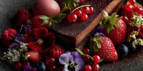 Chocolate dessert with fresh berries and edible flowers