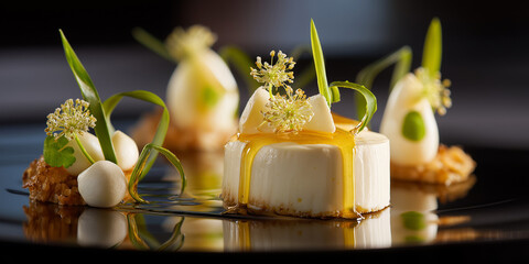 Elegant gourmet dessert with honey drizzle