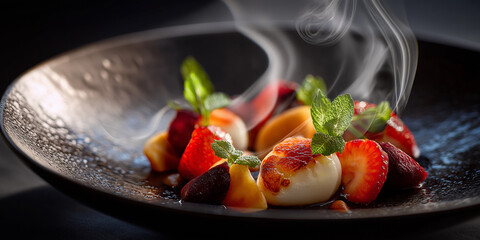 Seared scallops with fresh fruit and mint garnish