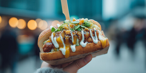 Gourmet hot dog with toppings