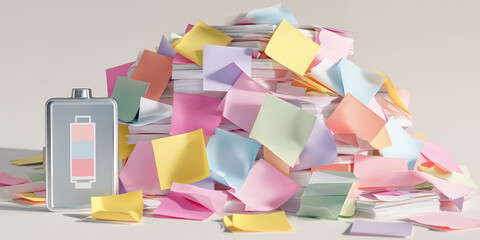 Low battery symbol in front of messy sticky notes pile