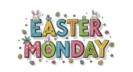 Fototapeta premium Easter Monday Text in Colorful Hand-Drawn Style with Easter Eggs and Bunnies in Bright Pastel Colors on White Background for Greeting Card
