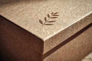 Minimal kraft box with leaf symbol, representing sustainable packaging and eco-friendly branding