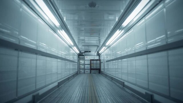 Refrigerated truck interior metallic reflective walls cold solitude clinical lighting sterile