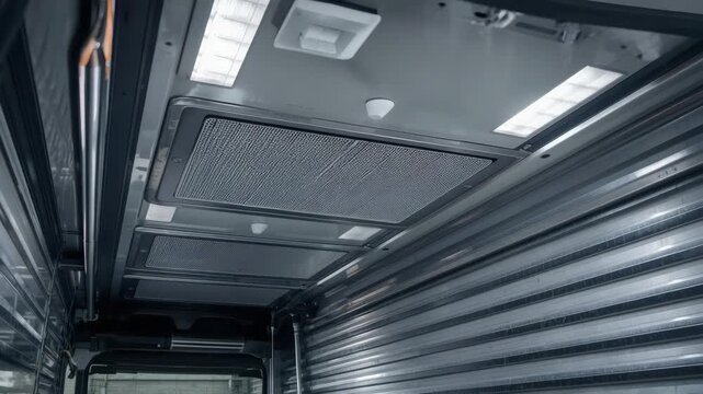 Metallic cargo van interior ceiling cargo panel ventilation with industrial lighting cool ambience