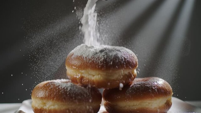 Sifting white powdered sugar onto fresh fried donuts stack against dark background. Delicious sweet dessert preparation scene. Perfect for bakery advertisement or Hanukkah holiday concept.