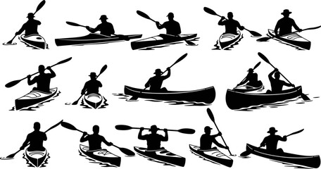 Set of silhouettes featuring people paddling kayaks and canoes on water, active outdoor recreation and water sports vector icons collection © Delowara