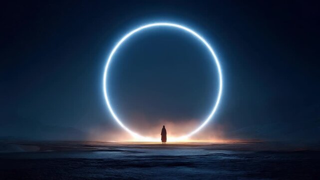 A figure stands in the desert at night, facing a circular portal that glows with bright light. The landscape is dark, showing stars in the sky and sand on the ground