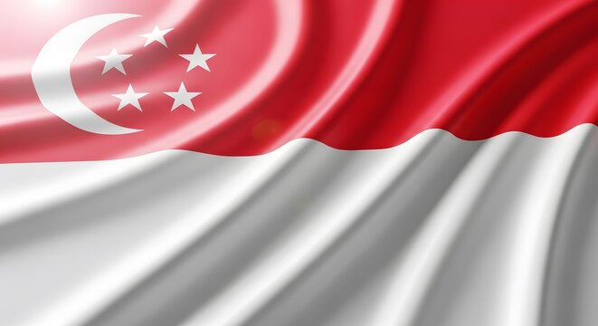 Waving flag of Singapore with its distinctive red and white stripes, crescent moon, and five stars, showcasing a silky texture.
