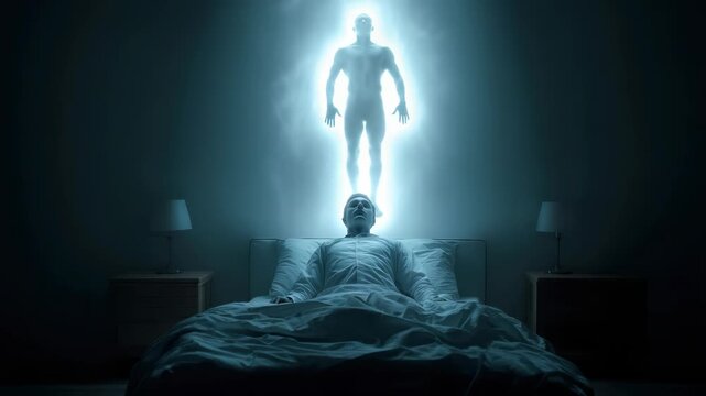 A young man lies in bed as a glowing spirit rises above him in a dimly lit bedroom. The scene captures the moment of separation from the physical body during sleep
