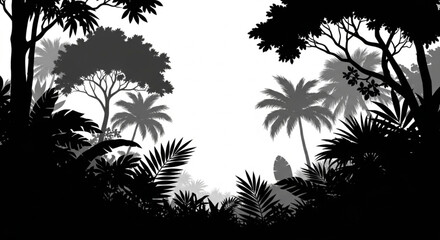 Tropical jungle silhouette with palm trees and foliage at dusk