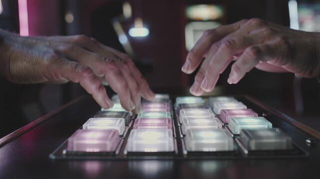 Close up of hands playing on illuminated button grid of arcade machine in dark room. Dynamic gaming scene suitable for entertainment, technology and nightlife projects.
