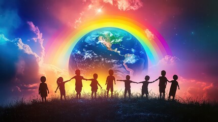 Fototapeta premium A group of children standing in a field holding hands with a rainbow and the Earth in the background