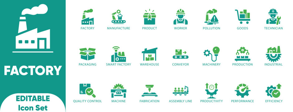 Factory editable solid icon set.warehouse,productivity,distribution,manufacture,collection,set,machinery,industrial,and vector.

