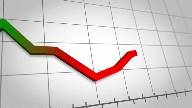 An animated market trend icon with rising and falling line graph, smooth line drawing animation, subtle easing, gentle vertical tilt camera movement, flat style, loop.