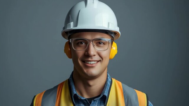 Construction worker smiling wearing hard hat safety vest ear protection safety glasses confident