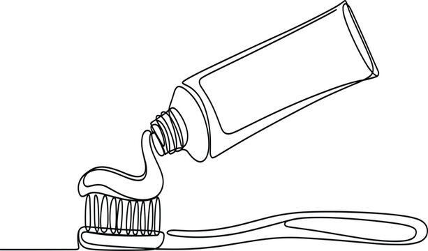 Minimalist continuous line art vector of toothpaste being squeezed onto a toothbrush, dental hygiene concept
