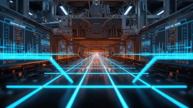 Futuristic factory floor grid with control panel machine data display on production line