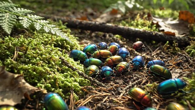 Iridescent Beetles Clustered on a Mossy Forest Floor in Macro Detail