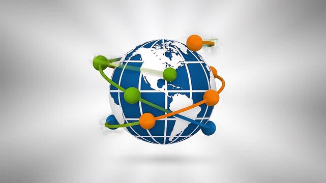 An animated global business icon showing a globe with orbiting nodes, flat vector style, smooth rotation animation, slow circular camera motion, clean background.
